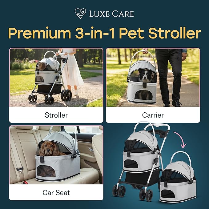 4 Wheel Foldable Pet Stroller - Lightweight Dogs and Cats Stroller Upto 50lbs with Mesh Canopy, Storage Basket and Cup Holder, Durable for Walks and Outings (Medium)