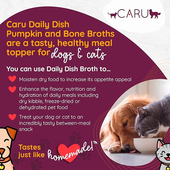 Caru - Daily Dish Pumpkin Broth - Meal Topper for Dogs & Cats - Supports Overall Pet Health - Pour-Over Broth for Wet/Dry Food - Human Grade Ingredients - Non-GMO - Made in USA - 12 Pack