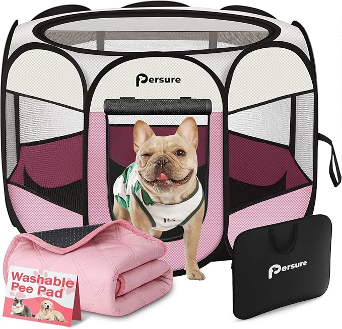 Dog Cat Playpen Indoor Outdoor for Puppy Pet Dogs Cat Recovery After Surgery, Dog Tent Crates Cage Indoor/Outdoor, Portable Pop Up Kennel with Carrying Case for Travel (Pink with Pad, Large)