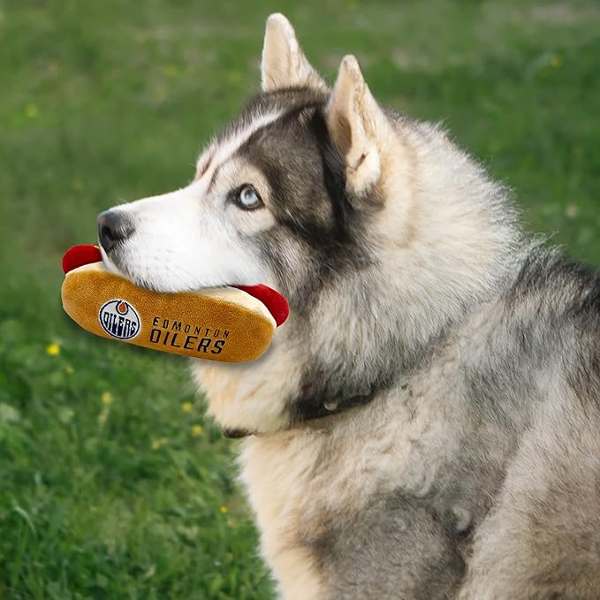 Pets First NHL Edmonton Oilers HOT Dog Plush Dog & CAT Squeak Toy - Cutest HOT-Dog Snack Plush Toy for Dogs & Cats with Inner Squeaker & Beautiful Hockey Team Name/Logo 8 x 5 x 3 Inches