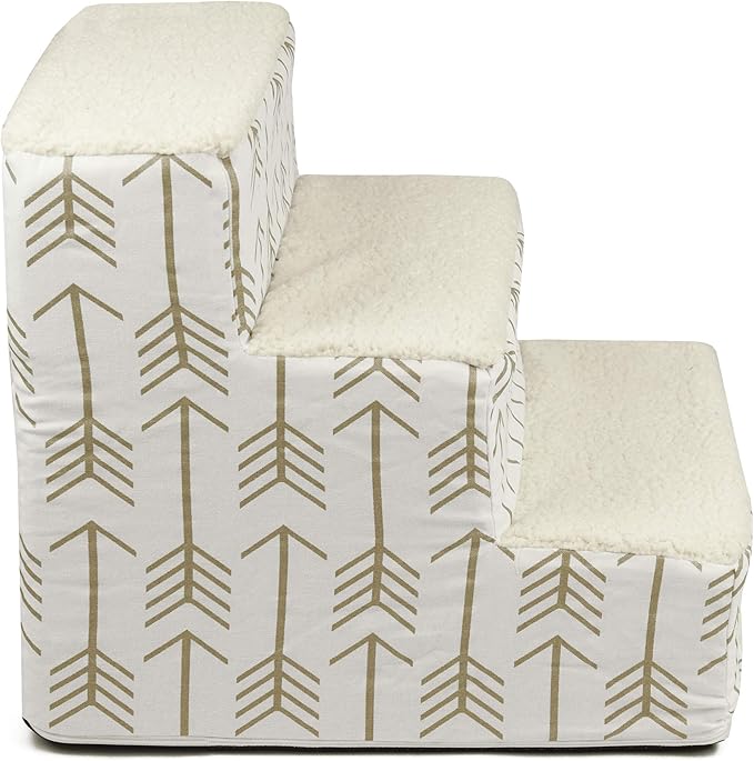 Majestic Pet 3 Step Portable Dog Stairs for Small Dogs to get on Bed Supports 25 lbs or Less – Dog Steps for High Bed with Machine Washable Cover – Pet Stairs for Cats Arrow White/Gold