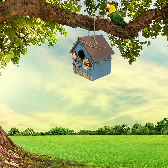 Kisangel Wooden Bird Parrot House Feeder Hanging Wild Bird House Outdoor Garden Blue Metal Edge Birdhouse for Backyard Birding and Wildlife Feeding