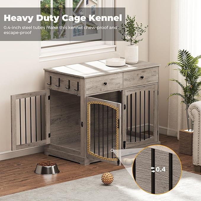 40 Inch Dog Crate Furniture, Wooden Dog Kennel Furniture, Heavy-Duty Dog Crate End Table with Storage Drawers, Double Doors Decorative Pet Cage House Indoor for Medium Large Dog, Gray