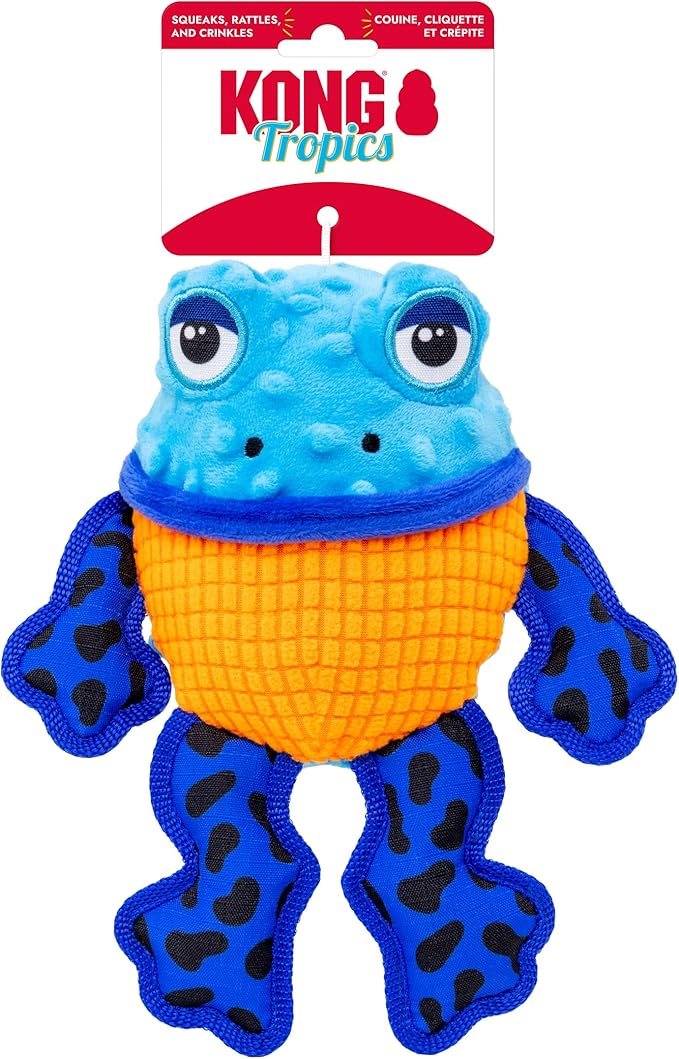 KONG Tropics Rattlez Dog Toy – Durable Plush with Rattle & Crinkle Sounds, Multi-Texture Interactive Enrichment Toy for Dogs (Frog, Medium/Large)
