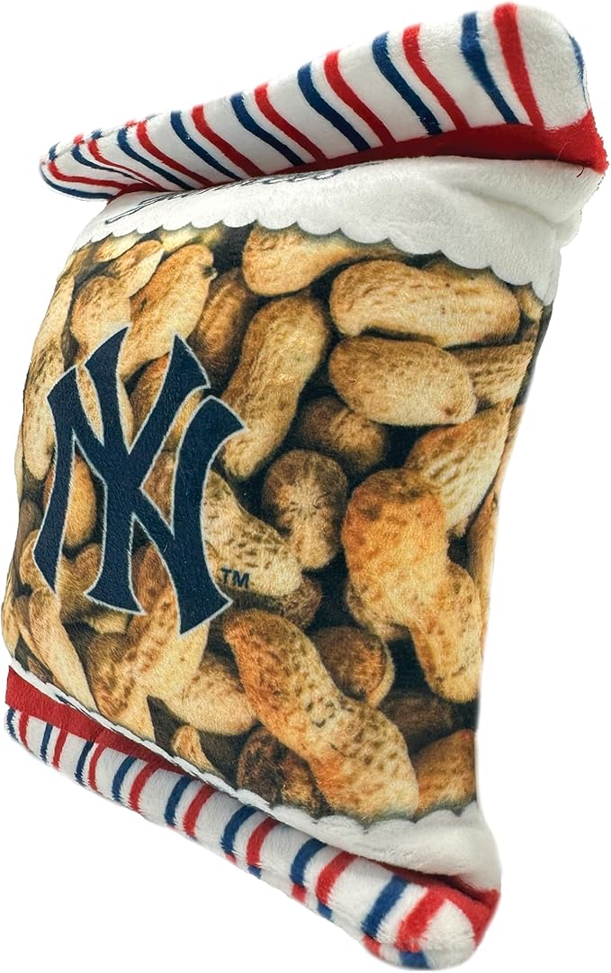 MLB New York Yankees Plush Peanuts Snack Toy for Dogs & Cats with Embroidered Team Name & Logo with Inner Squeaker