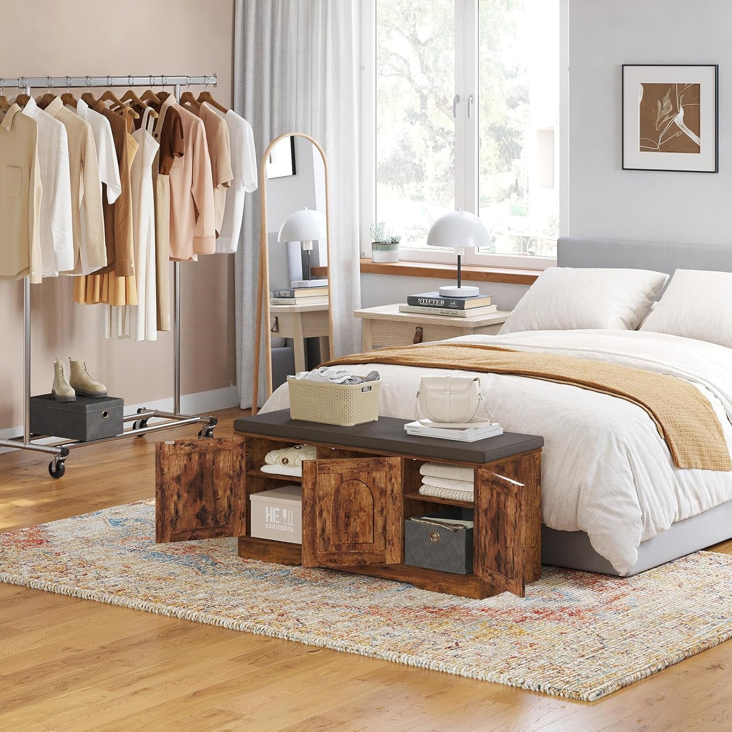 DINZI LVJ Shoe Bench, Entryway Storage Bench with Doors, Cushion, 2-Tier Shoe Rack with 6-Cubby, 39.4”L x 13.8”W Shoe Organizer Cabinet, Adjustable Shelf, Living Room, Bedroom, Rustic Brown