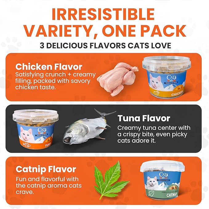 Scoochie Pet Cat by Scoochie – Assortment Flavored Cat Treats, Crunchy Outside & Creamy Inside, 3 | 8.8 oz Tubs (Tuna, Chicken & Catnip)