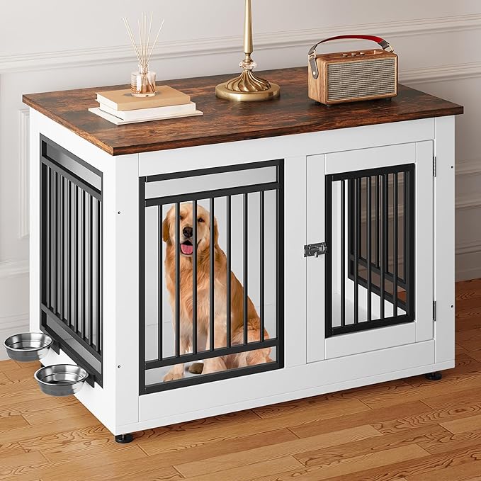 YITAHOME 39" Dog Crate Furniture, Wooden Side End Table with Adjustable Feet and Removable Bowls, Dog Kennel Indoor for Medium Large Dogs