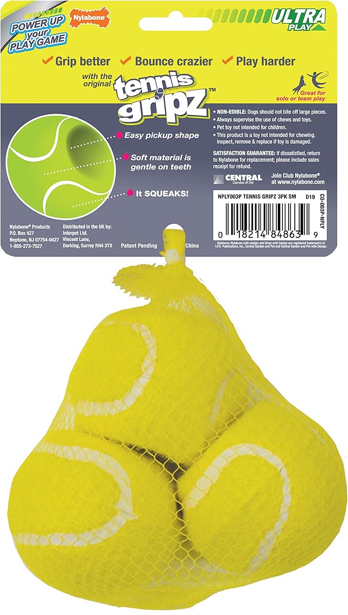 Nylabone Power Play Tennis Gripz Fetch Toy, Squeaky Tennis Ball Chew Toy for Dogs, Small (3 Count)