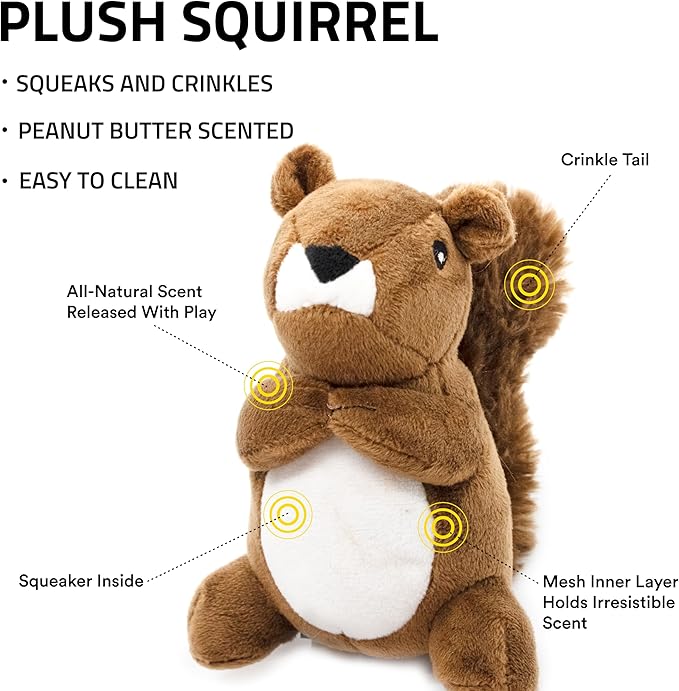 Playology Dog Toys | Plush Squirrel Stuffed Animal for Dogs | Peanut Butter Scented Small Squeaky Toy | Plush Chew Toy for Dogs