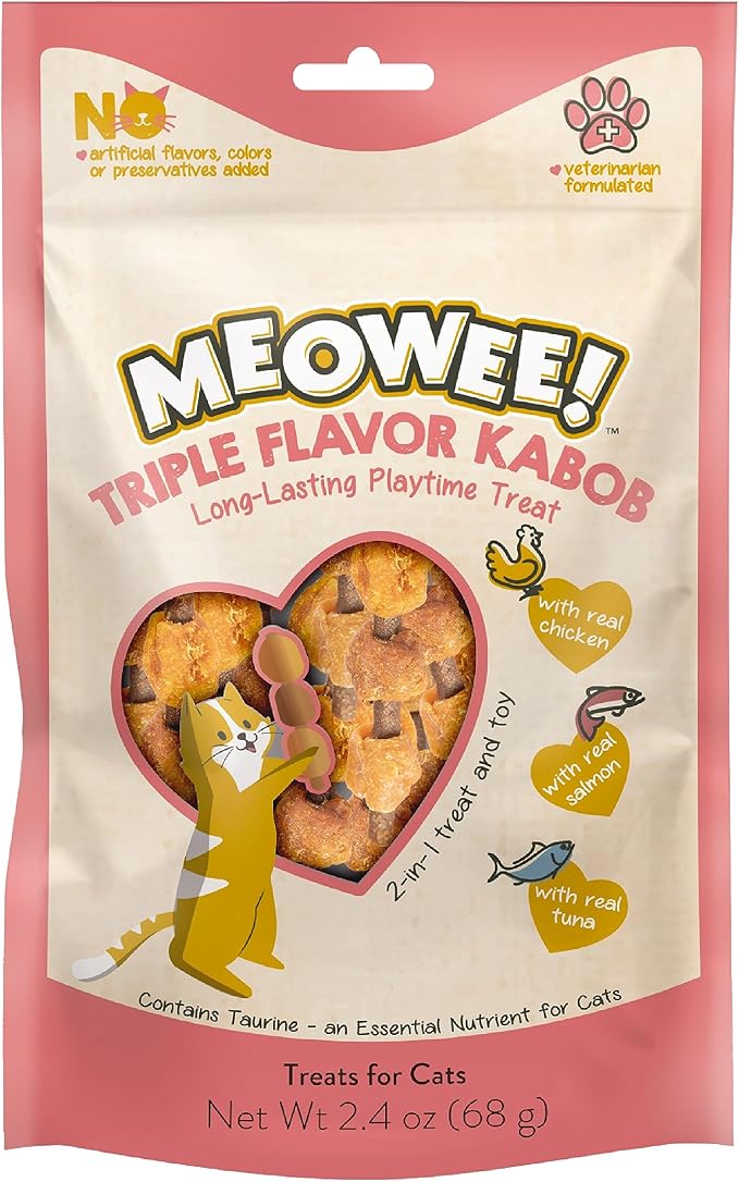MEOWEE! Triple Flavor Kabobs Cat Treat, 2.4 Ounce Bag, Long-Lasting Playtime Treat for Cats Made with Real Chicken, Salmon & Tuna