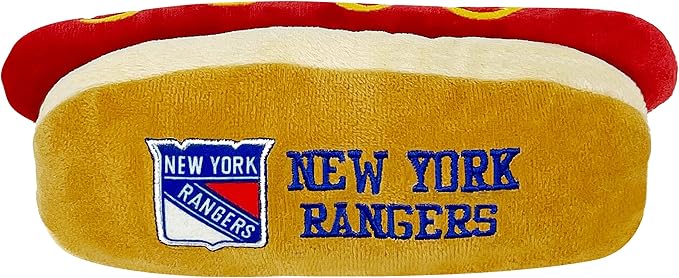 Pets First NHL New York Rangers HOT Dog Plush Dog & CAT Squeak Toy - Cutest HOT-Dog Snack Plush Toy for Dogs & Cats with Inner Squeaker & Beautiful Hockey Team Name/Logo 8 x 5 x 3 Inches