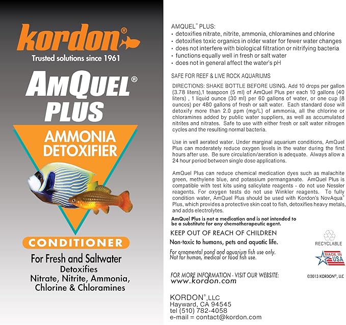 Kordon AmQuel Plus Aquarium Water Conditioner - Instantly Detoxifies Ammonia, Nitrite, Nitrate, and Chlorine Remover for Freshwater & Saltwater Aquariums, 16 Ounces