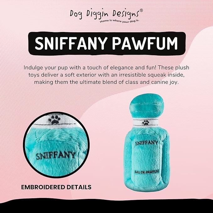 Dog Diggin Designs Sniffany & Co Pawfum Plush Dog Toy Bottle | Luxury-Inspired Parody Perfume Bottle with Built-in Squeaker, Soft Plush Fashion Dog Toy – Prêt-à-Porter Playtime Essential