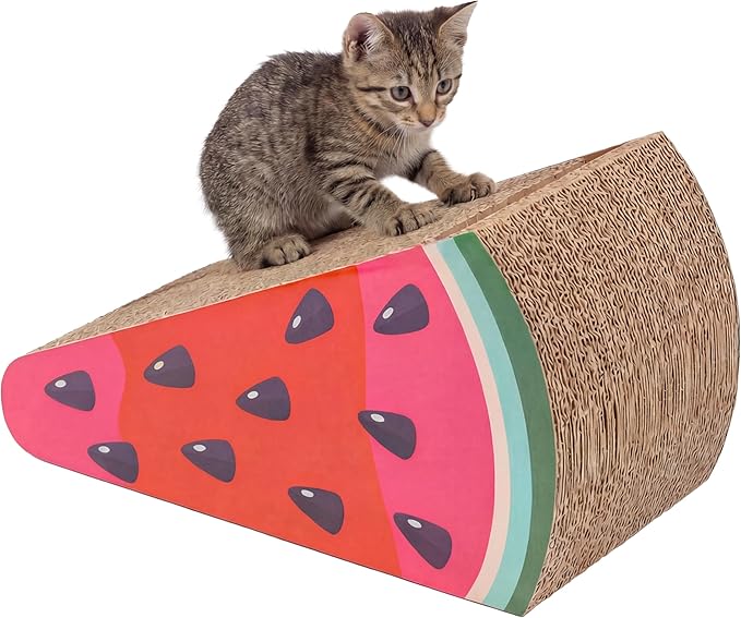 Kitty City Watermelon Slice Corrugate Cat Scratcher with Ball Track Toy - Angled Scratch Pad Lounger, Horizontal Corrugate Nail File Bed for Indoor Kittens, Kitty Enrichment & Play, 16” x 11”