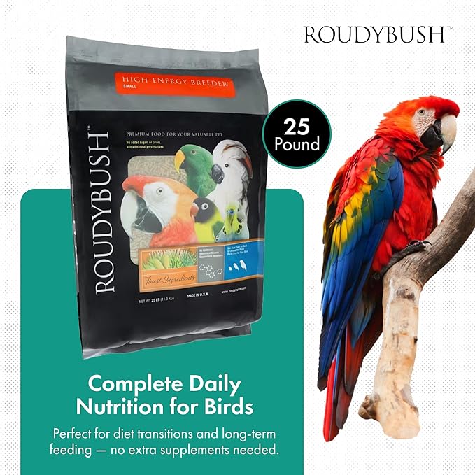 Roudybush High Energy Breeder Food for Breeding & Weaning Birds - Scientifically Formulated Bird Feed - Bird Food Pellets w/ Corn, Wheat, Soy - Nutritious & Healthy Feed for Birds (Small, 25lb)