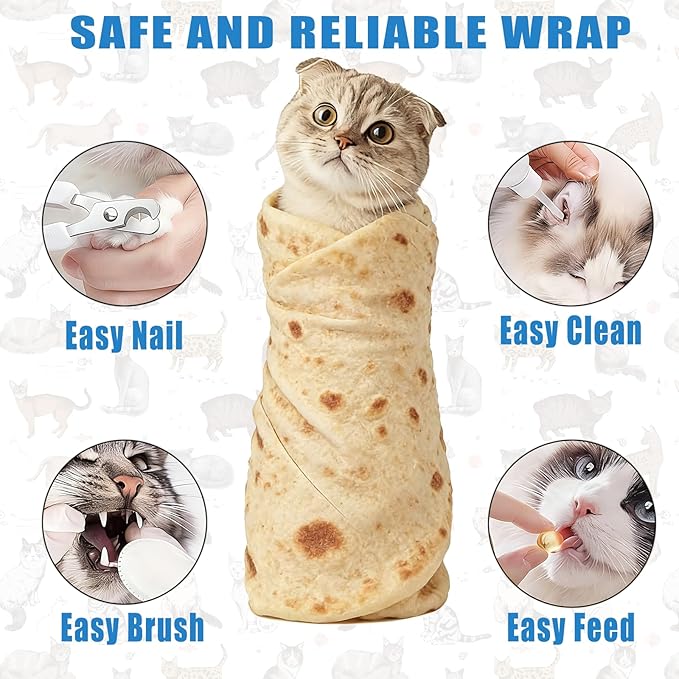 Burrito Print Cat Grooming Wrap for Cutting Nails, 27.6" Cat Swaddle for Medicine, Nail Clipping, Teeth Brushing, Ear Cleaning