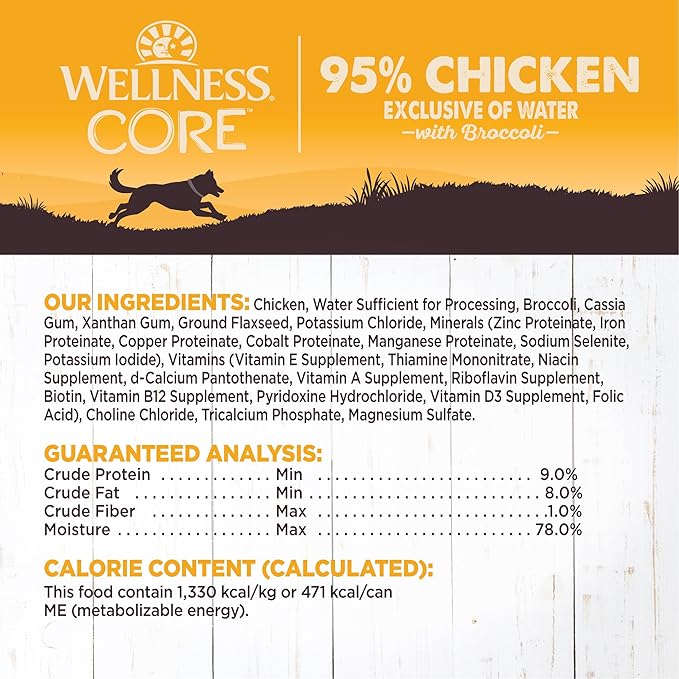 Wellness CORE 95% Adult Canned Wet Dog Food, Grain Free, Natural, Chicken and Broccoli Recipe, 12.5 oz, Pack of 12 Cans