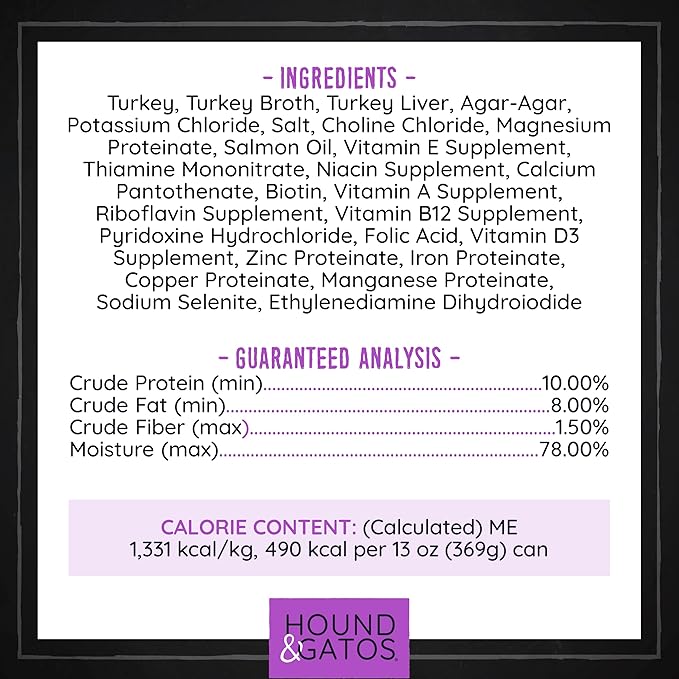 Hound & Gatos Wet Dog Food, 98% Real Meat, Single Protein Turkey Recipe, Supports Digestive Health, High Protein Limited Ingredients, Grain Free, 13 oz. Cans (Pack of 12)