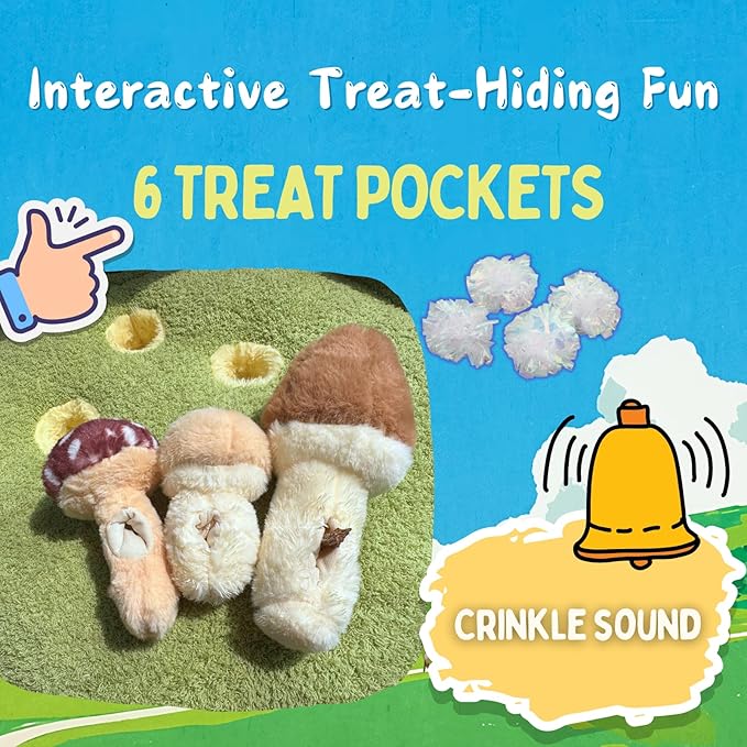 CECE PAW Mushroom Mat Pet Toy & Bed | Dog Snuffle Mat with 3 Crinkle Mushrooms for Treat Hiding | Soft Cushion for Cats, Small Dogs, & Owners | Washable Interactive Play & Cozy Rest