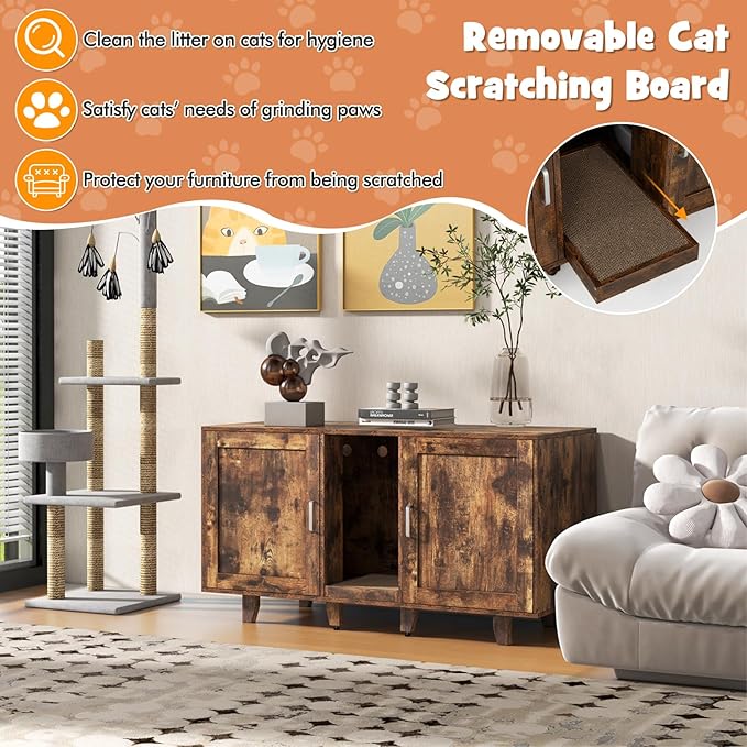 Giantex Cat Litter Box Enclosure - Cat Washroom Hidden Furniture, 2 Storage Cabinets, Removable Cat Scratcher, Air Vents, Detachable Legs, Wood Pet Crate Indoor Cat House TV Stand (Rustic Brown)