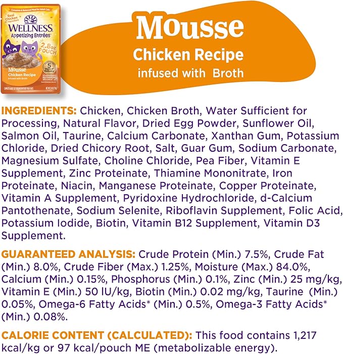 Wellness Appetizing Mousse Flaked Adult Wet Cat Food, Natural, Protein Rich, Grain Free, Chicken Recipe, 2.8 oz, Pack of 8 Pouches
