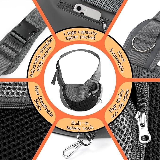 YUDODO Pet Sling Carrier for 10-15 lbs Small Dogs & Cats – Hands-Free Puppy Carrier with Safety Hook, Large Zipper Pocket, Soft Breathable Mesh, Adjustable Strap & Reflective Strip (Black 1.0 L)