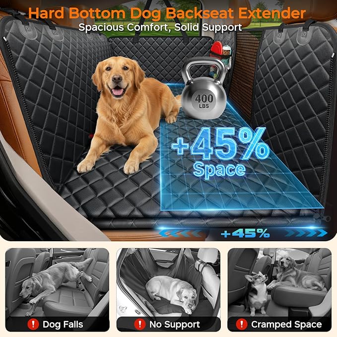 URPOWER Backseat Extender for Dogs - Hard Bottom Dog Car Seat Cover for Back Seat, Dog Hammock for Car and SUV, Pet Rear Seat Protector Dogs Travel Bed with Mesh Window