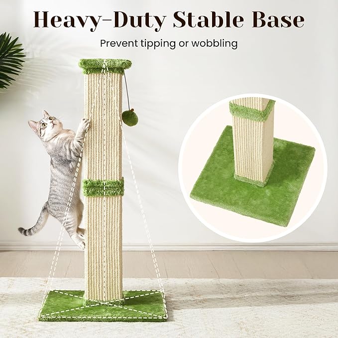 Fansafurn Tall Cat Scratching Post, 32'' Heavy Duty and Thick Scratching Post, Scratching Post for Adult Cats, Thick Sisal Rope with Hanging Ball, Green