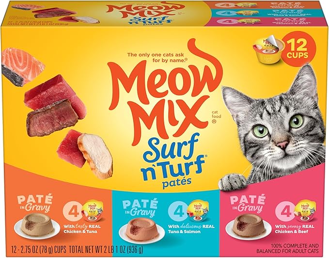 Meow Mix Paté in Gravy Wet Cat Food Variety Pack, Surf n’ Turf Patés 2.75 Ounce (Pack of 12)