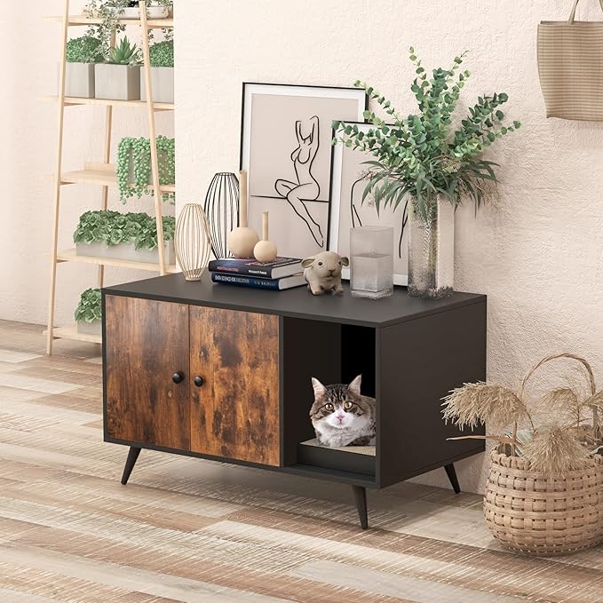 Giantex Cat Litter Box Enclosure, Hidden Cat Washroom Furniture, 2-Door Cabinet, Front Entry, 3 Vent Holes, Cat Scratching Pad, Wooden Pet House Crate End Table for Living Room (Black & Rustic Brown)