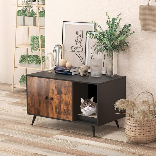 Giantex Cat Litter Box Enclosure, Hidden Cat Washroom Furniture, 2-Door Cabinet, Front Entry, 3 Vent Holes, Cat Scratching Pad, Wooden Pet House Crate End Table for Living Room (Black & Rustic Brown)