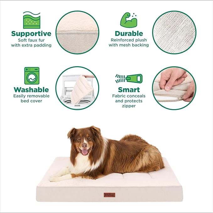 Furhaven Cooling Gel Dog Bed – Classic Cushion with Plush Tufted Top, Supportive Foam Mattress, Removable Washable Cover, Joint Relief - Wheat, Large