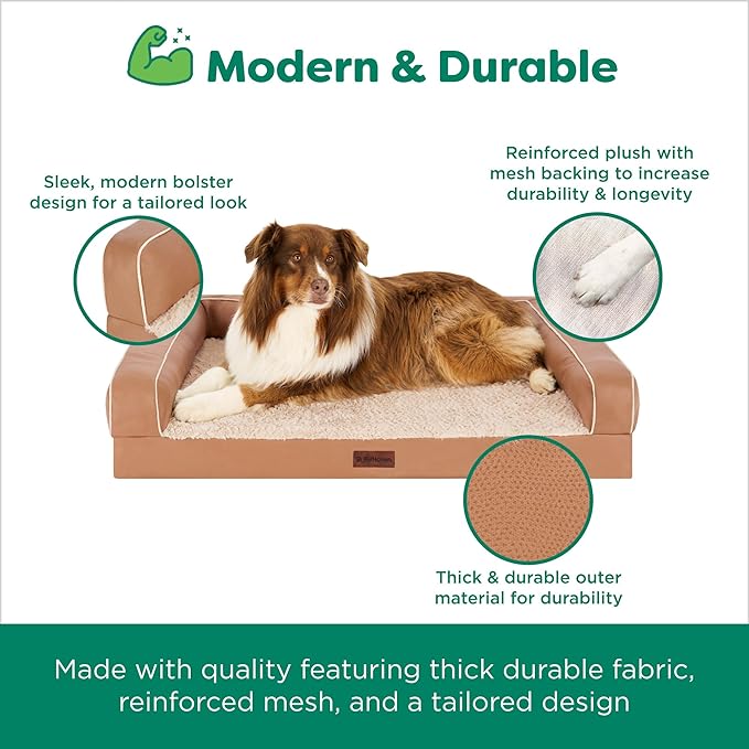 Furhaven Cooling Dog Sofa Bed – Memory Foam Couch with Bolsters, Textured Plush & Water-Resistant Cover, Washable Cover - Camel, Large