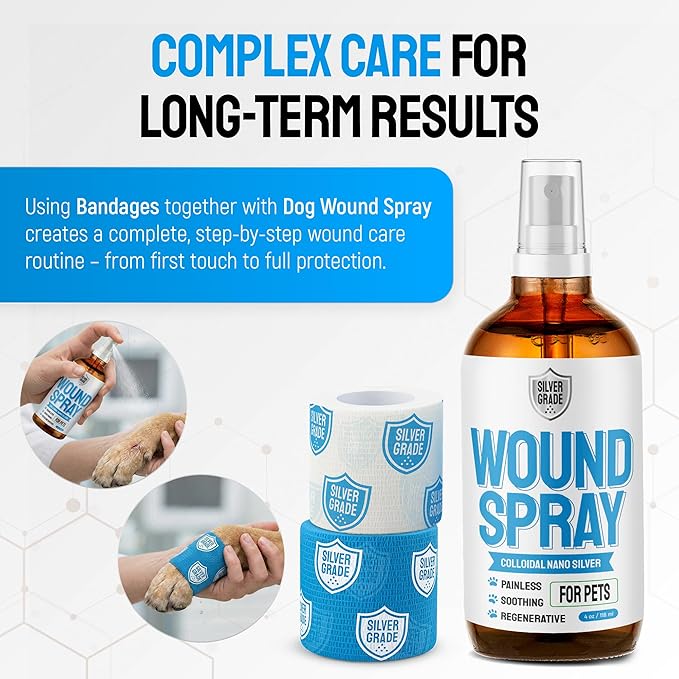 Wound Spray for Pets + 6 Elastic Self-Adhering Bandages – All Skin Moments Care with Colloidal Silver – Cleansing Properties & Protection from Licking and Scratching – 4-oz Bottle