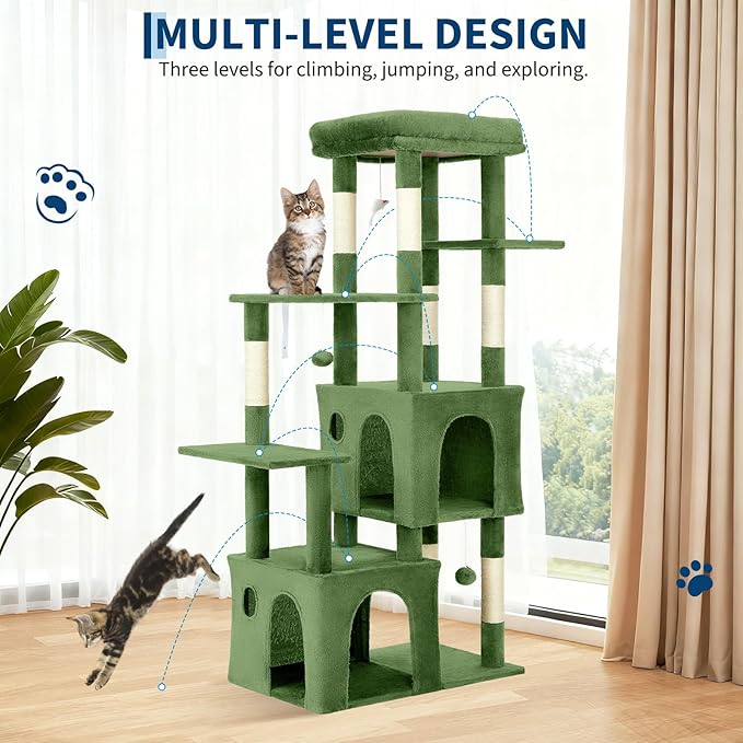 61.4 Inch Cat Tree, Large Cat Tower with Sisal Scratching Posts, 2 Spacious Cat Beds, Hanging Ball & Top Perch, Ideal for Large Indoor Adult Cats, Green