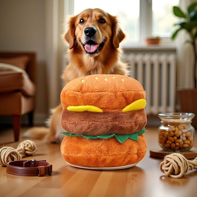 Hamburger Shape Dog Plush Squeaky Toy, Dog Squeak Toy for Pet Biteable Plush Chewing Squeeze Hamburger Bone Toy Biting Resistant Cat Soft Pet for Dogs, Squeak Toys