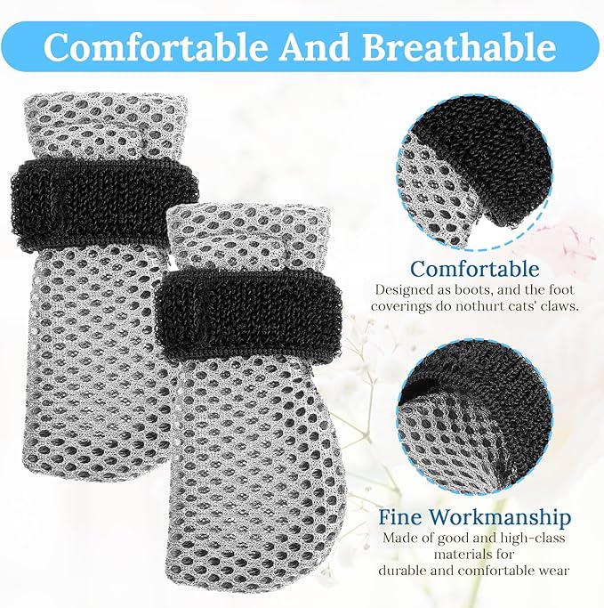Qianyu 4 Pcs Cat Boots Anti Scratch Mittens Gloves Mesh Cat Claw Protectors Foot Covers Adjustable Breathable Kitten Shoes to Prevent Scratching for Pet Bathing Feeding Cutting Nails Trimming