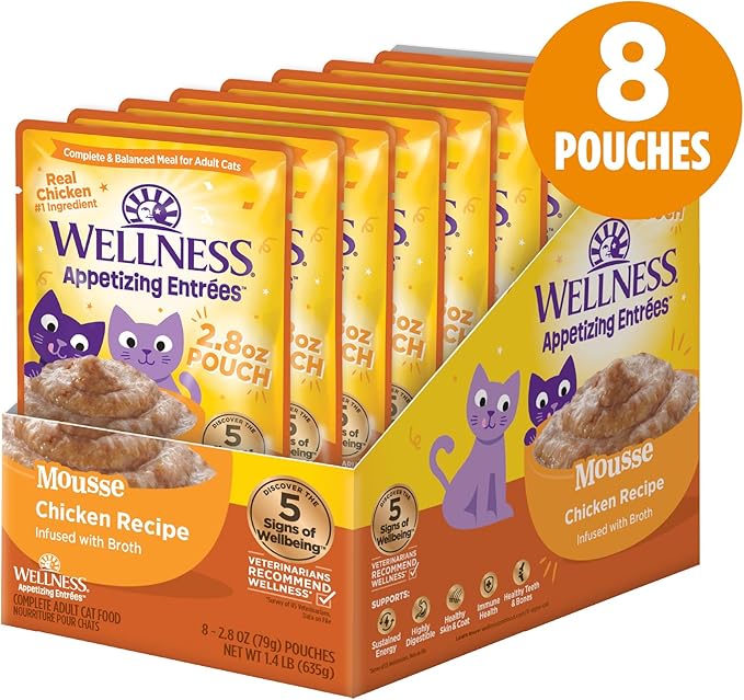 Wellness Appetizing Mousse Flaked Adult Wet Cat Food, Natural, Protein Rich, Grain Free, Chicken Recipe, 2.8 oz, Pack of 8 Pouches