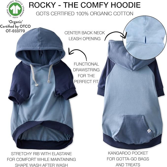 Pet Passion Rocky – The Original Lightweight Hooded Tee 100% Organic Cotton Dog Hoodie Pet Coat Sweater for All Sized Dogs, Original Navy Colorblock, X-Large (55-80 lbs)