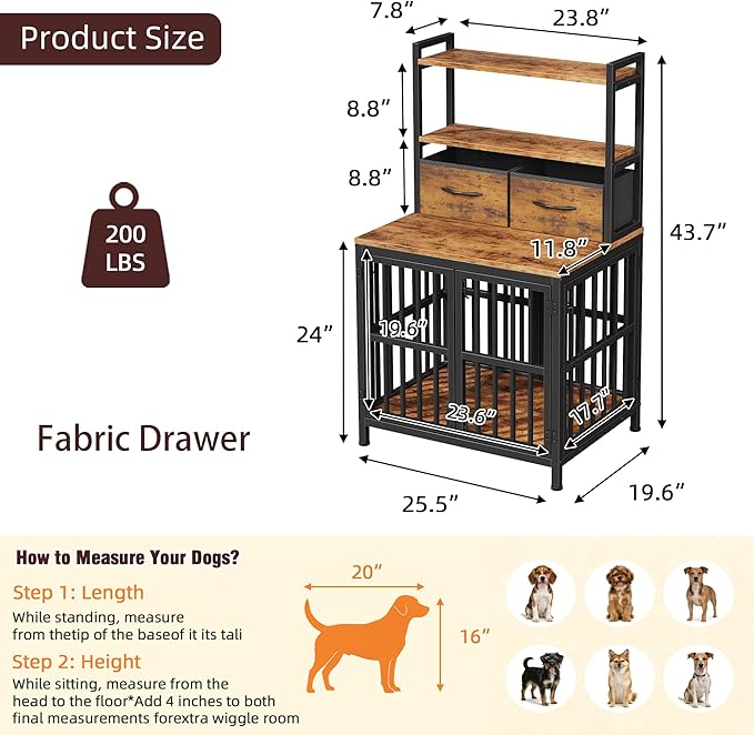 HIGDBFE Dog Crate Furniture with Drawer & Shelf, 25.5" Small Dog Crate with Lockable Doors, Indoor Dog Kennel Furniture for Medium, Small Dogs, Anti-Chew Dog Cage with Storage, Rustic Brown, 43.7" H