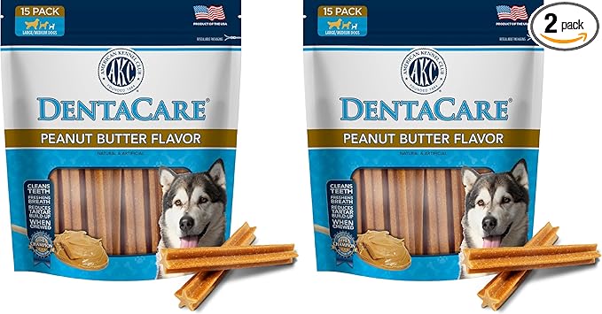 AMERICAN KENNEL CLUB Dentacare Large Breed Peanut Flavored Dental Dog Treats, Naturally Flavored, 15 Count (Pack of 2)