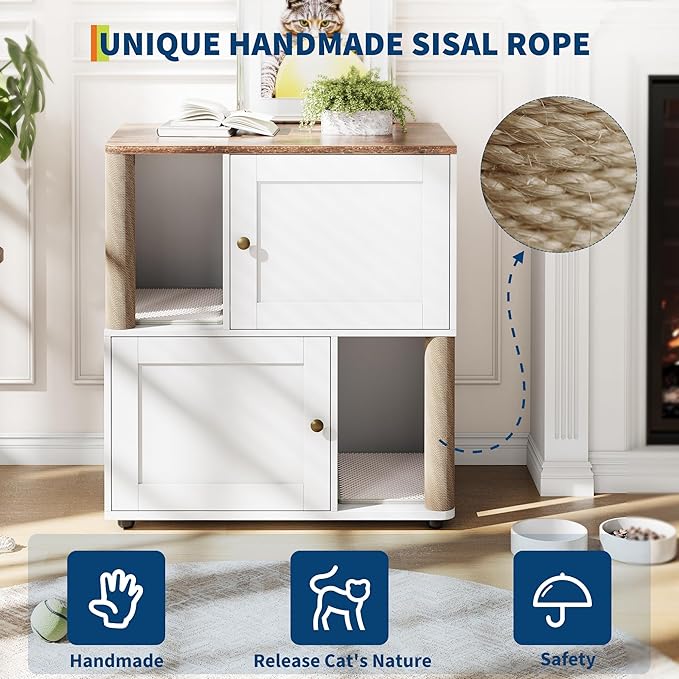 Cat Litter Box Enclosure for 2 Cats, Hidden Litter Box Furniture with Scratch Post and Double-Layer Litter Mats,Farmhouse Wooden Cat House Washroom or Bed, White