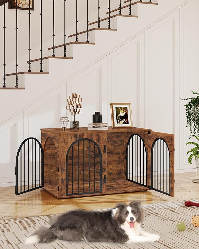 Hzuaneri 39.4" Wooden Dog Crate Furniture, Indoor Dog Kennel Dogs Cage for Small/Medium/Large Dogs, Heavy Duty Dog Crates Decorative Pet House End Side Table TV Stand, Rustic Brown DFC84101B