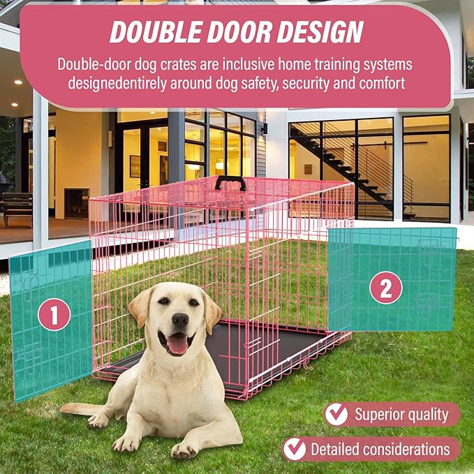 Large Dog Crate Kennel Metal Dog Cage for Medium Large Dogs Double-Door Folding Travel Indoor Outdoor Puppy Playpen with Divider and Handle Plastic Tray,42",Pink