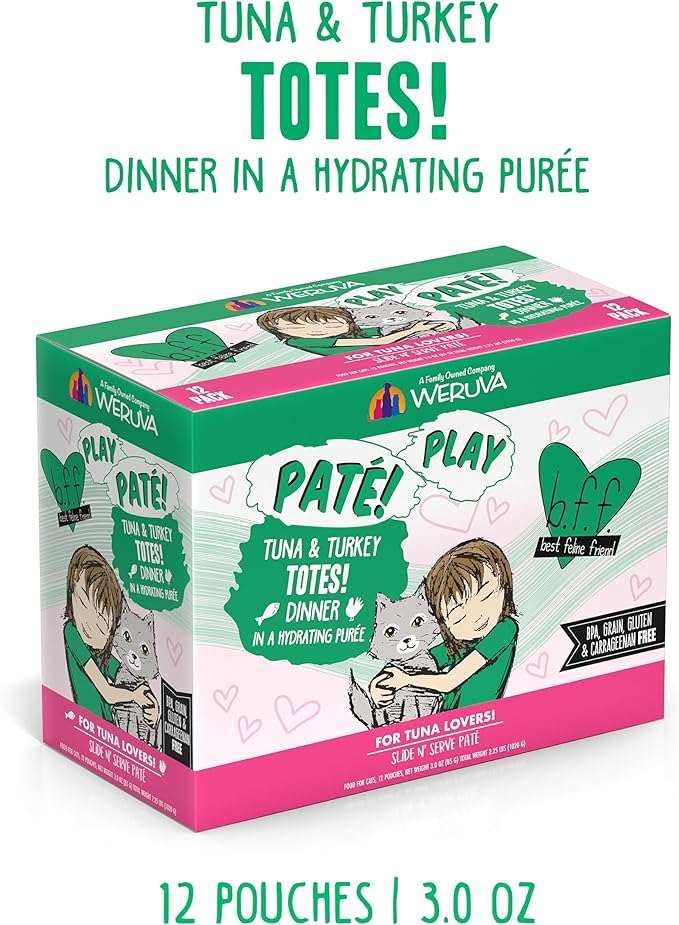Weruva B.F.F. Play - Best Feline Friend Paté Lovers, Aw Yeah!, Tuna & Turkey Totes! with Tuna & Turkey, 3oz Pouch (Pack of 12)