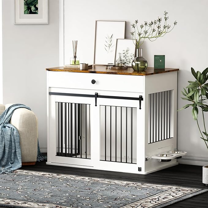Large Dog Crate Furniture with Sliding Door & 360° Spinning Bowls | Durable Modern End Table for Medium & Large Dogs for Pet Owners (40-inch)