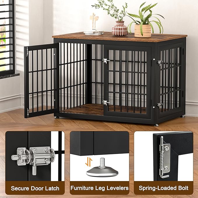 rehomerance 38 Inch Heavy Duty Dog Crate Furniture for Large and Medium Dogs, Decorative Pet House End Table, Wooden Cage Kennel Furniture Indoor, Rustic Brown