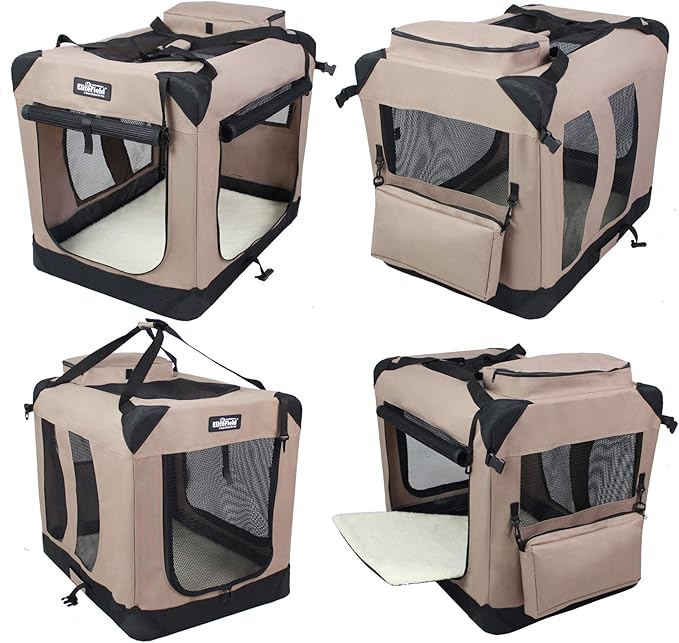 EliteField 3-Door Folding Soft Dog Crate with Carrying Bag and Fleece Bed (2 Year Warranty), Indoor & Outdoor Pet Home (30" L x 21" W x 24" H, Khaki)