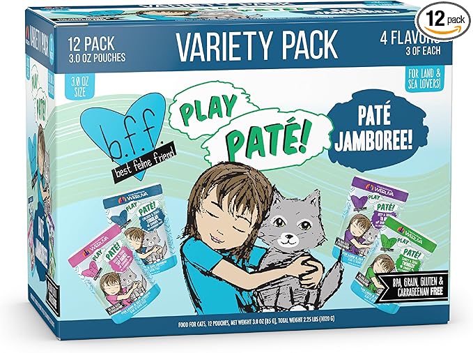 Weruva B.F.F. Play - Best Feline Friend Paté Lovers, Aw Yeah!, Paté Jamboree! Variety Pack, 3oz Pouch (Pack of 12)